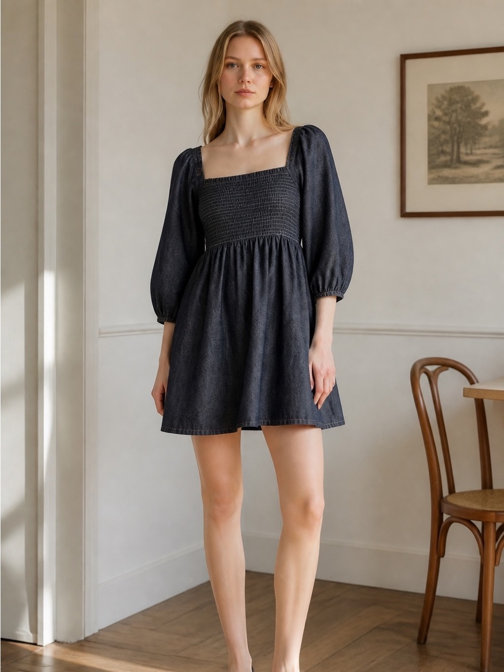 J. Crew Chambray Smocked Puff Sleeve Mini Dress Cottagecore Boho Western Small